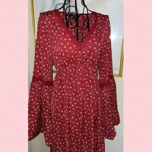 SUZANNE BETRO "RUST FLORAL LACE TRIM~MIDI DRESS~V-NECK~BELL SLEEVES~X-LARGE - Picture 9 of 9